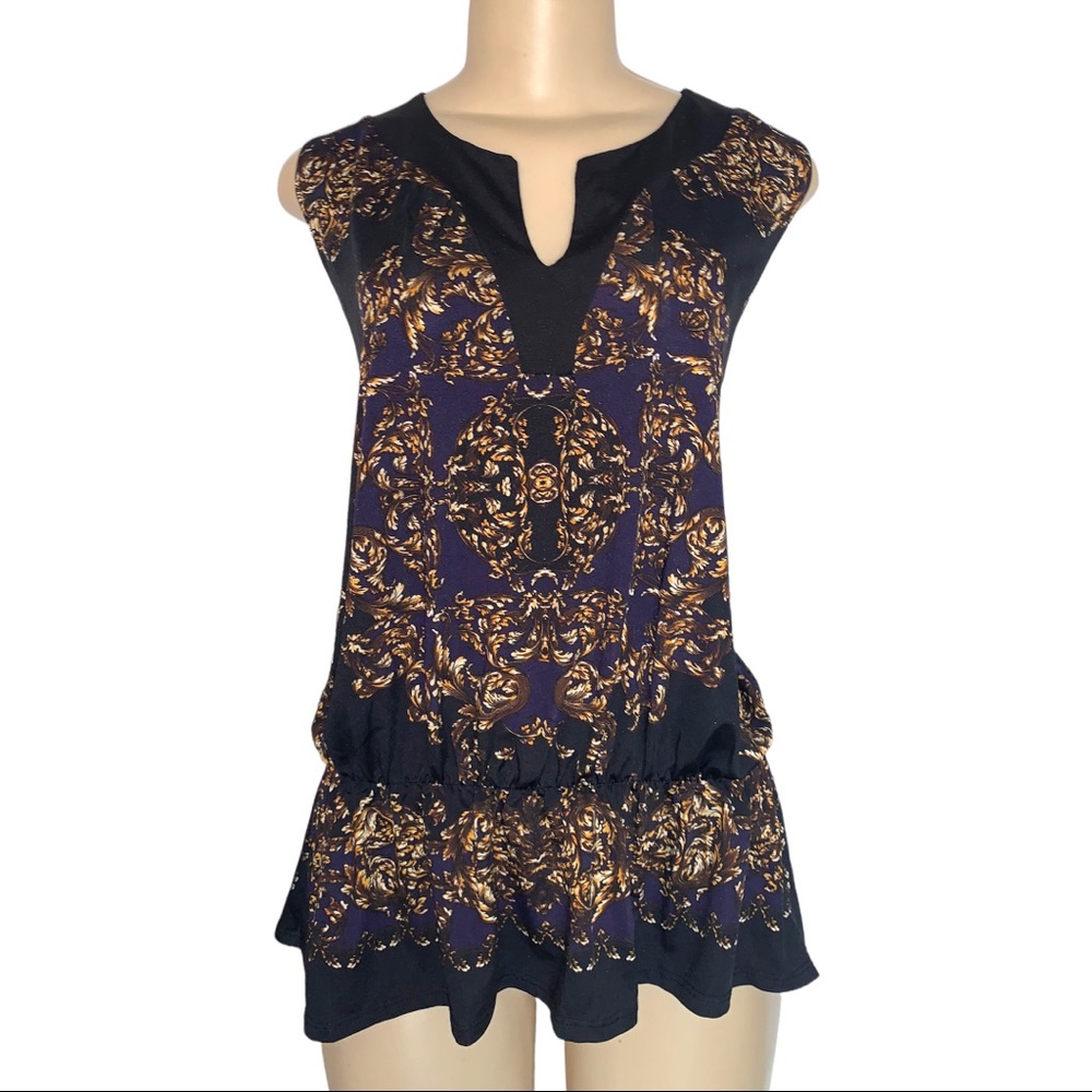 VTG Gold Leaf Swirl Patterned Sleeveless Peplum Blouse Flowy